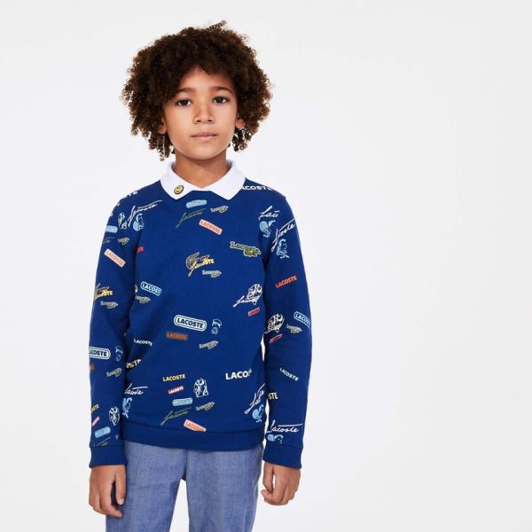 Lacoste Signature Print Cotton Fleece Sweatshirt Dětské - Mikiny Blankyt / Bílé | CZ-u6lQVO